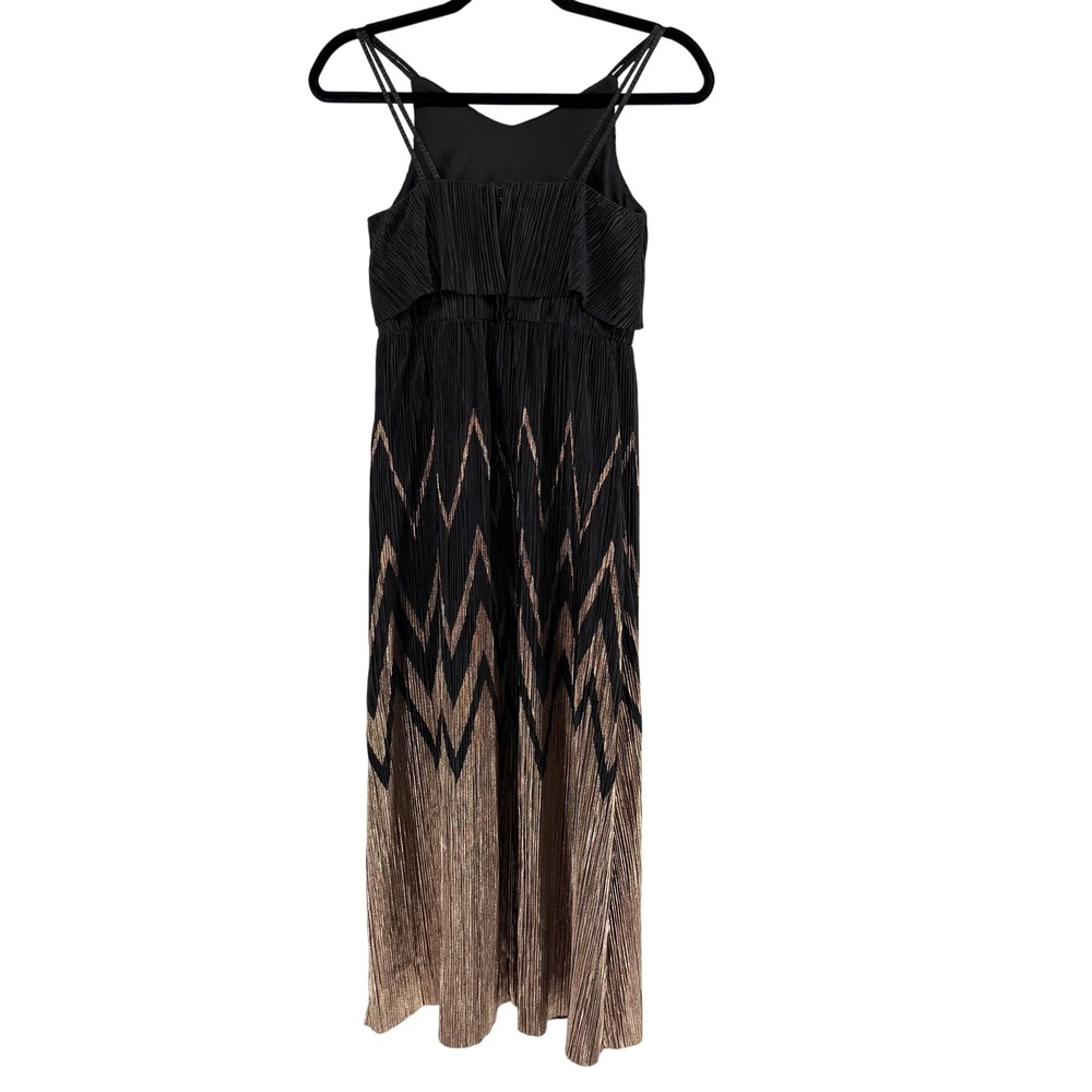 IZ Byer Girl Dress Black Gold Metallic Chevron Pleated Size 12 Formal Gown Maxi